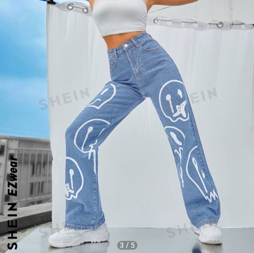 Shein EZwear Womens High Waisted Wide Boyfriend Jeans Smiley Face Small 4
